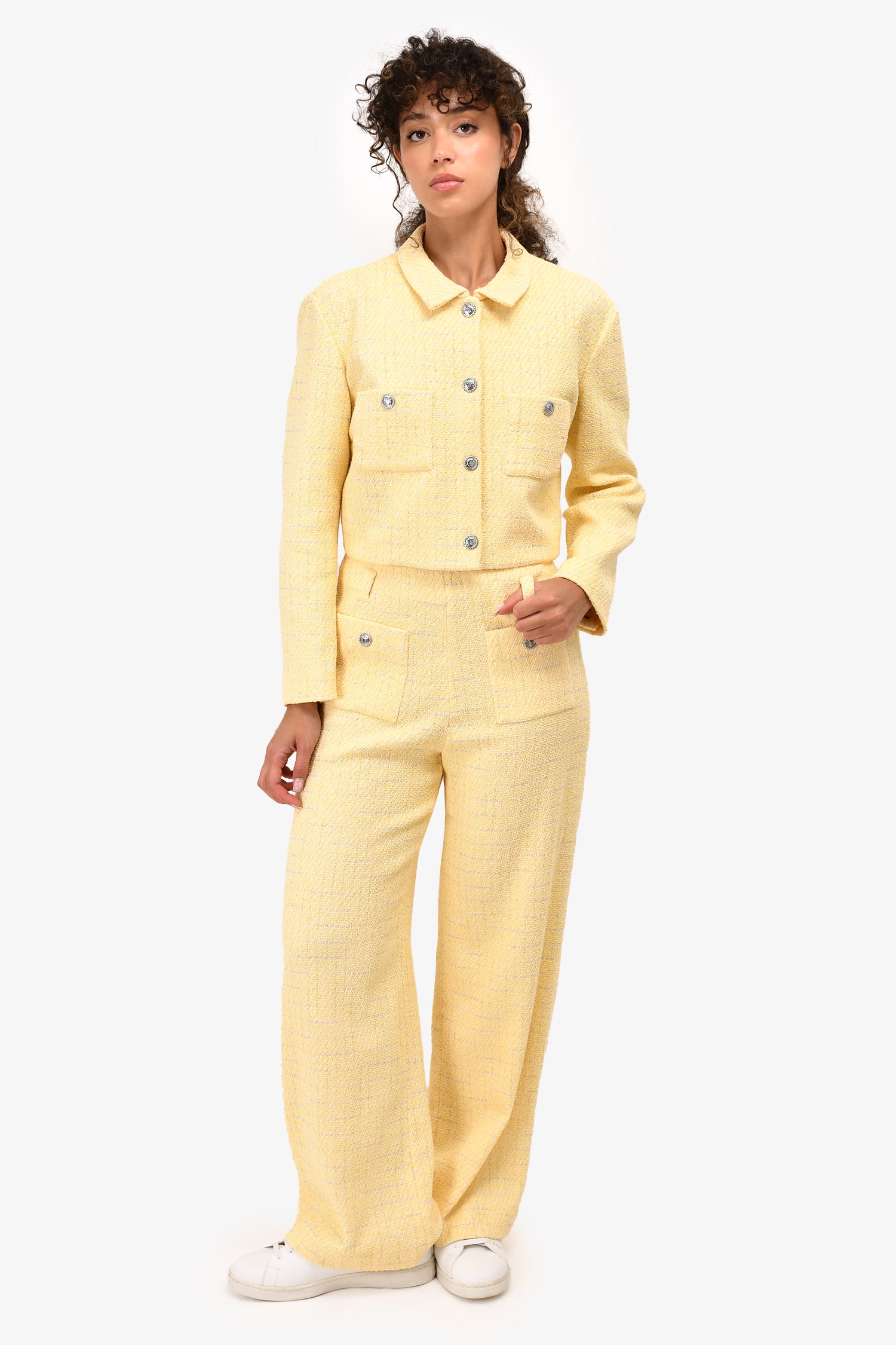 image of Maje Yellow Tweed Cropped Jacket + Pant Set Size 40