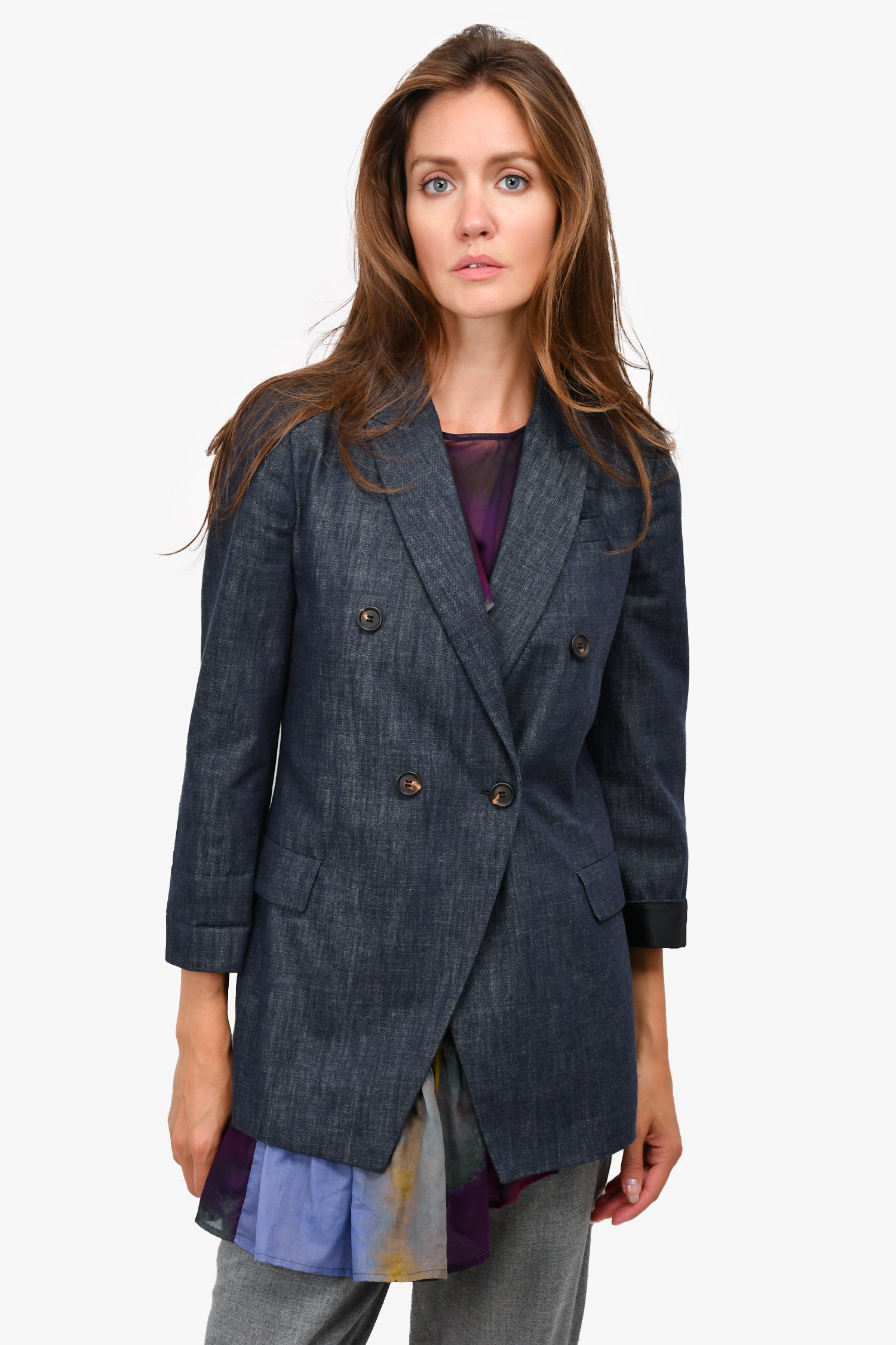 Image of Brunello Cucinelli Blue/Leather Denim Oversized Blazer Size 40