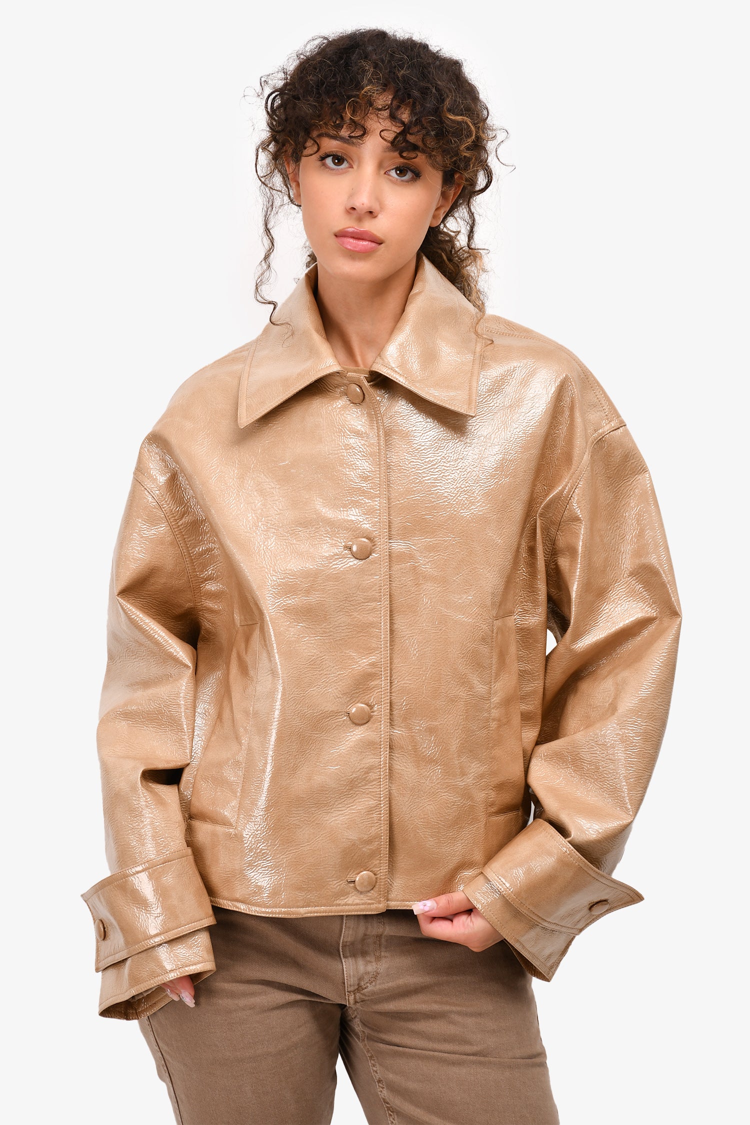 image of Stand Studio Beige Faux Patent 'Charleen' Long Sleeve Cropped Jacket Size 34