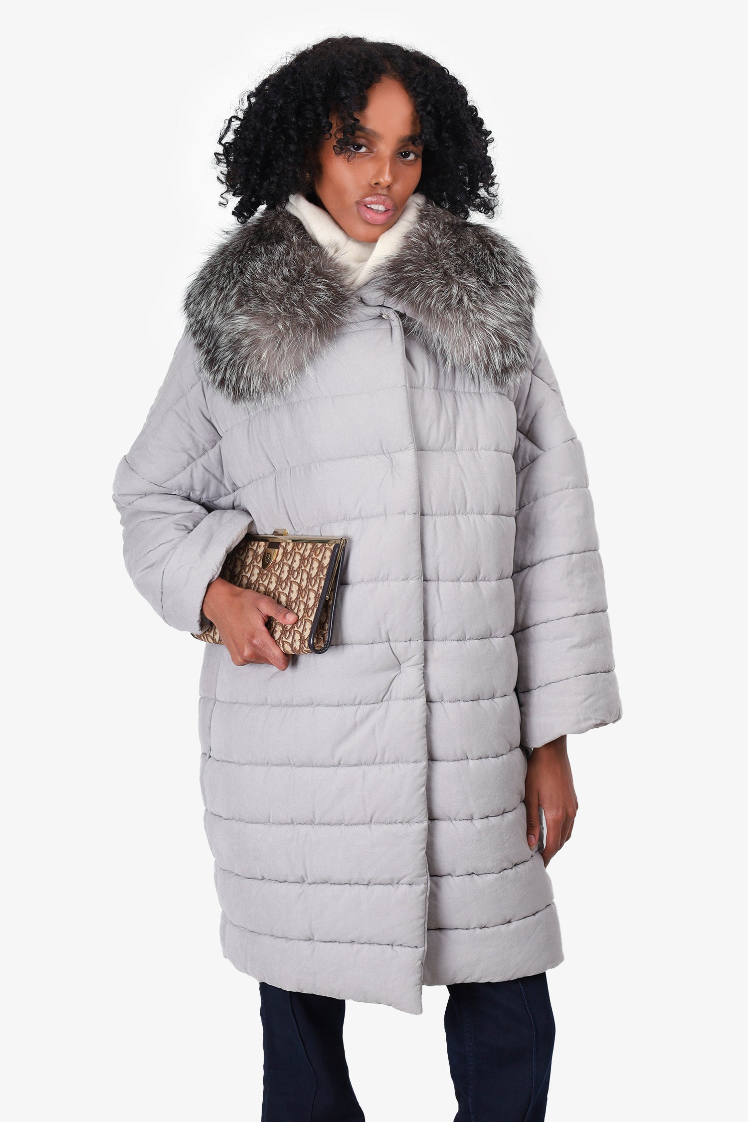 image of Max Mara Grey Long Puffer Jacket with Fur Collar Size 4