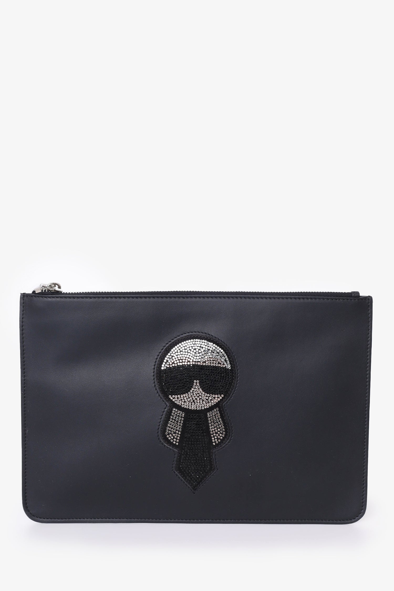 image of Fendi Black Calfskin Crystal  Embroidery Karlito Zip Pouch