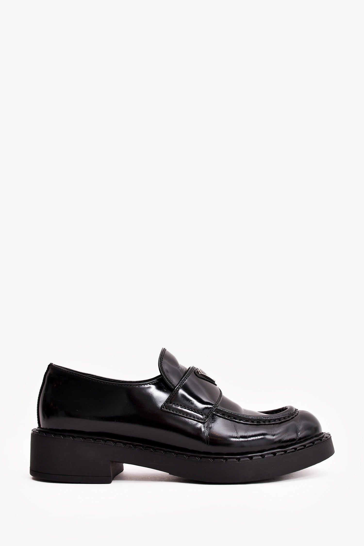 image of Prada Black Shiny Leather Plaque Loafers Size 40