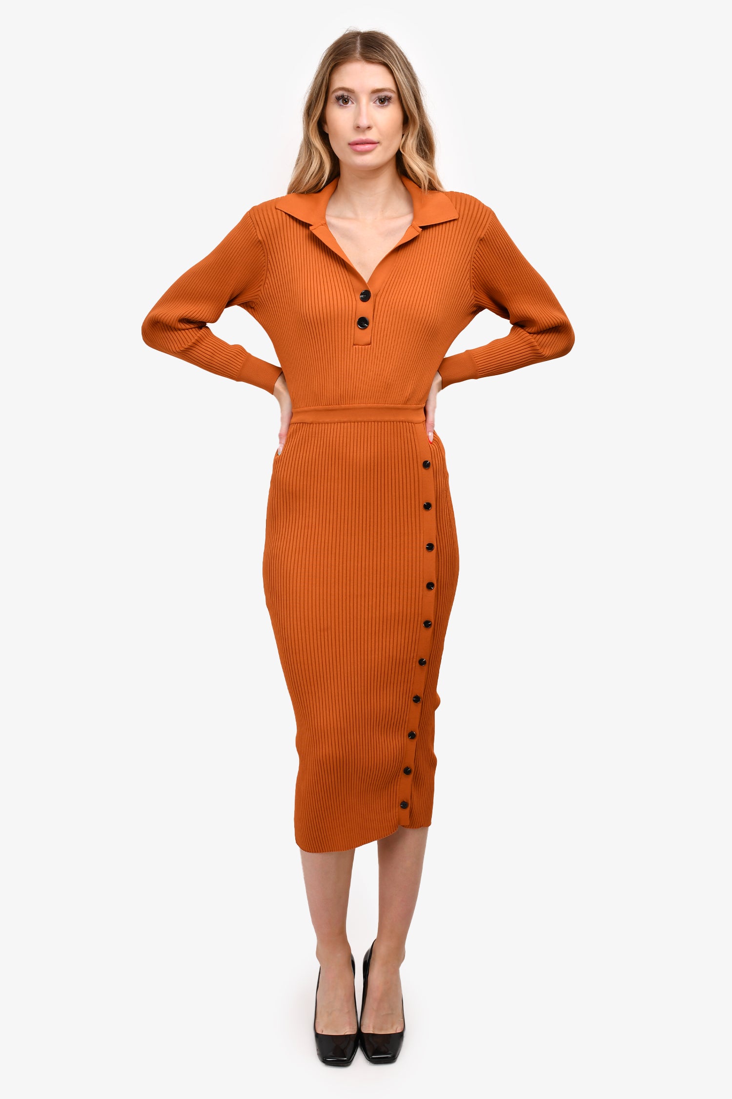 image of Self-Portrait Burnt Orange Knit V-Neck Button Detail Collared Midi Dress Size M