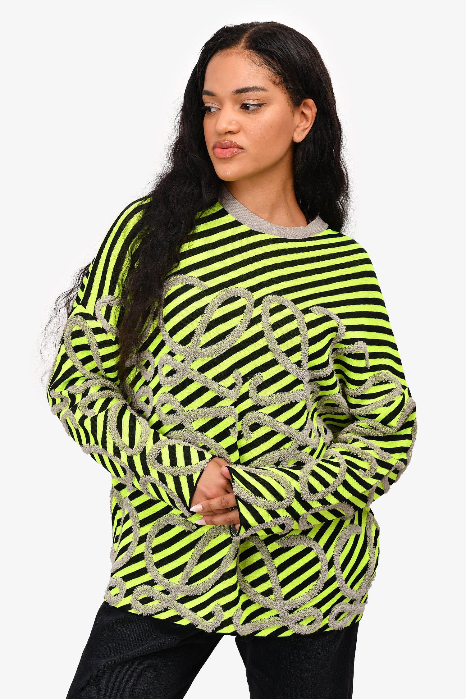 image of Loewe Neon Green/Black Stripe Logo Sweater Size S