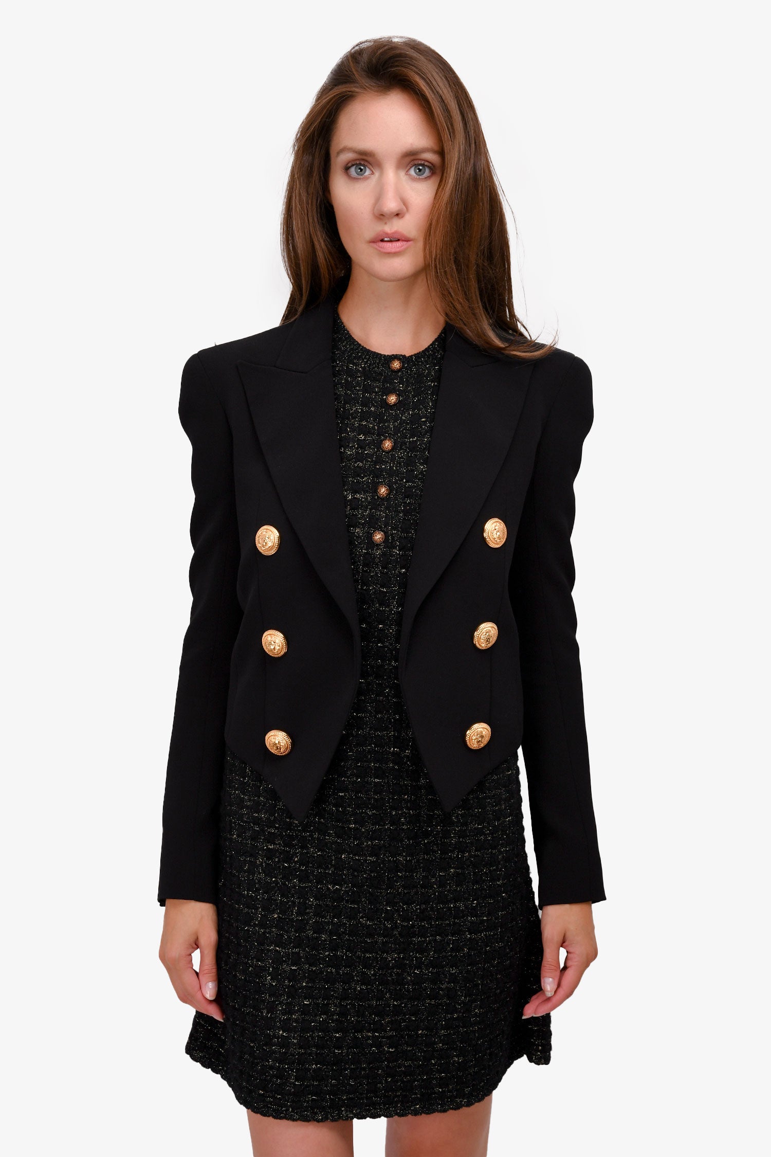 image of Balmain Black Crepe Cropped 'Spencer' Blazer with Gold Buttons Size 34