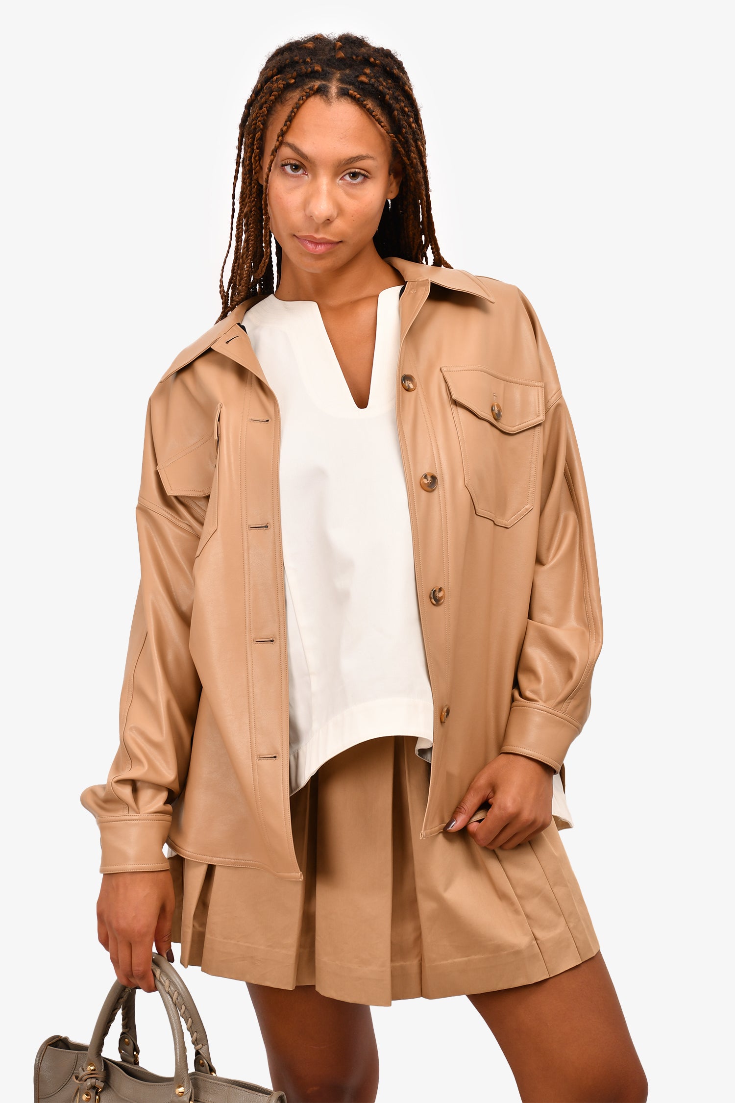 Image of A.L.C. Beige Vegan Leather Button Up Overshirt Size XS