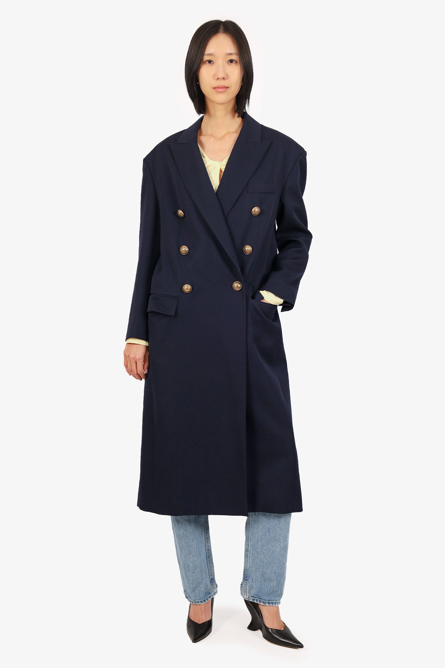 image of Balmain Navy Wool Double Breasted Gold Button Detail Long Coat Size 36