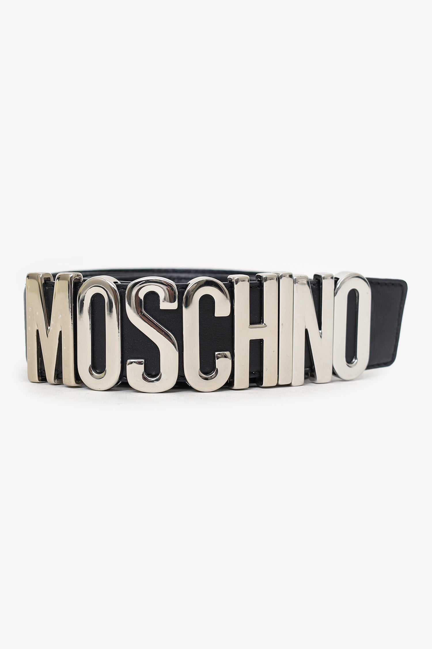 image of Moschino Black Leather Silver Logo Belt Size 52