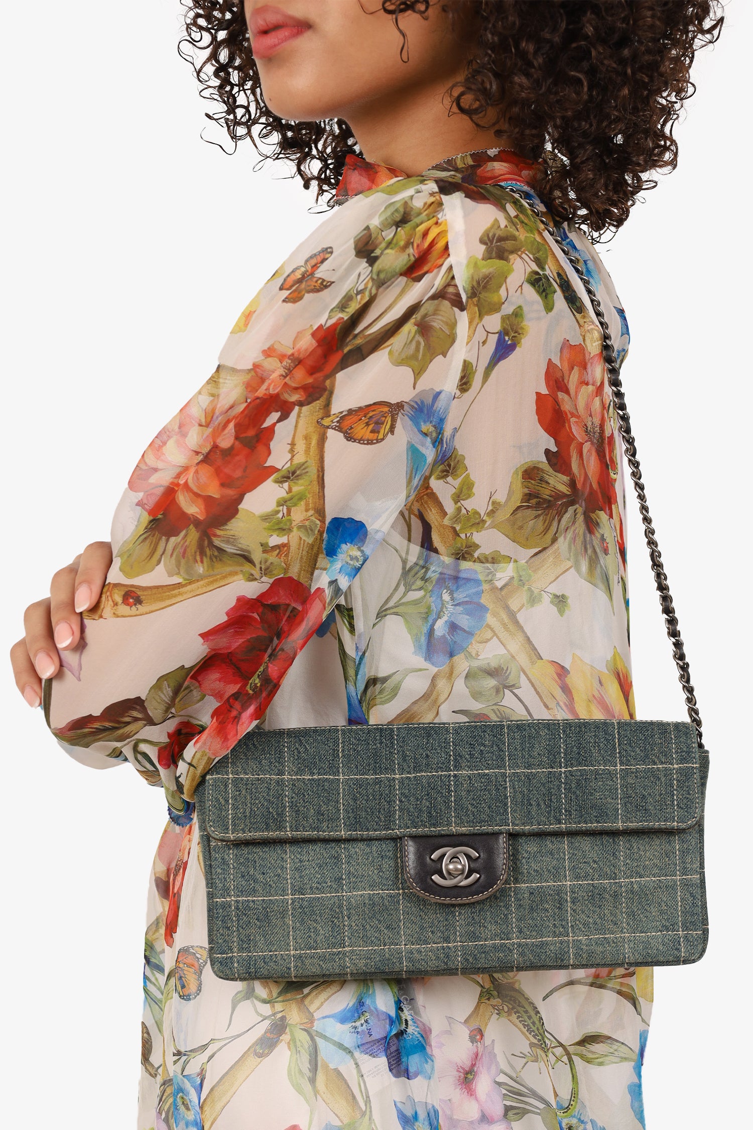 image of Pre-Loved Chanel™ 2000-02 Blue Denim East West Chocolate Bar Shoulder Bag