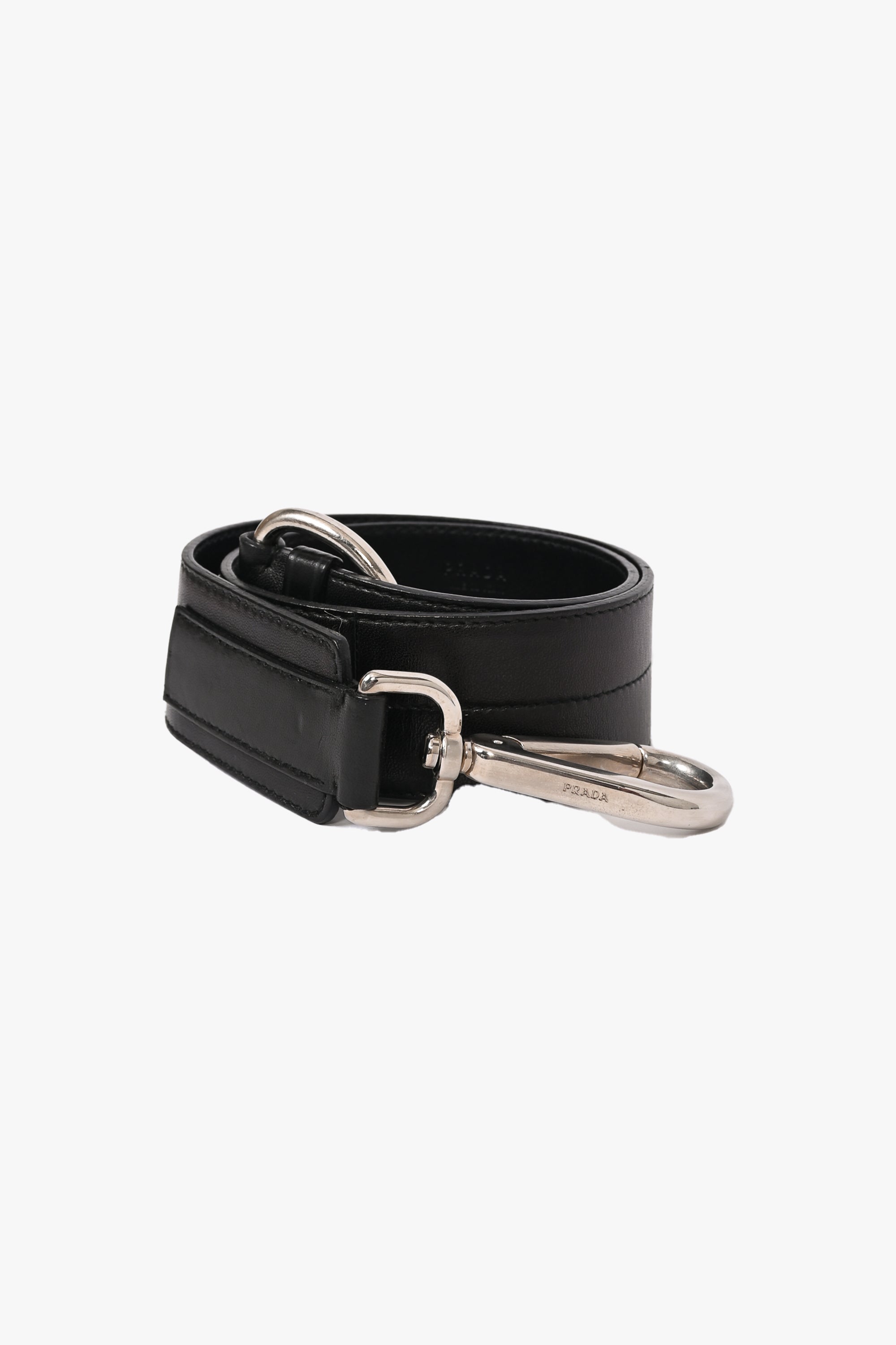 image of Prada Black Leather Belt with Silver Buckle Size 80