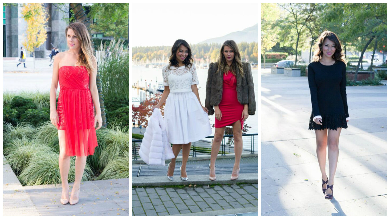 Jigme Nehring and Courtney Watkins in holiday party dresses from Mine & Yours