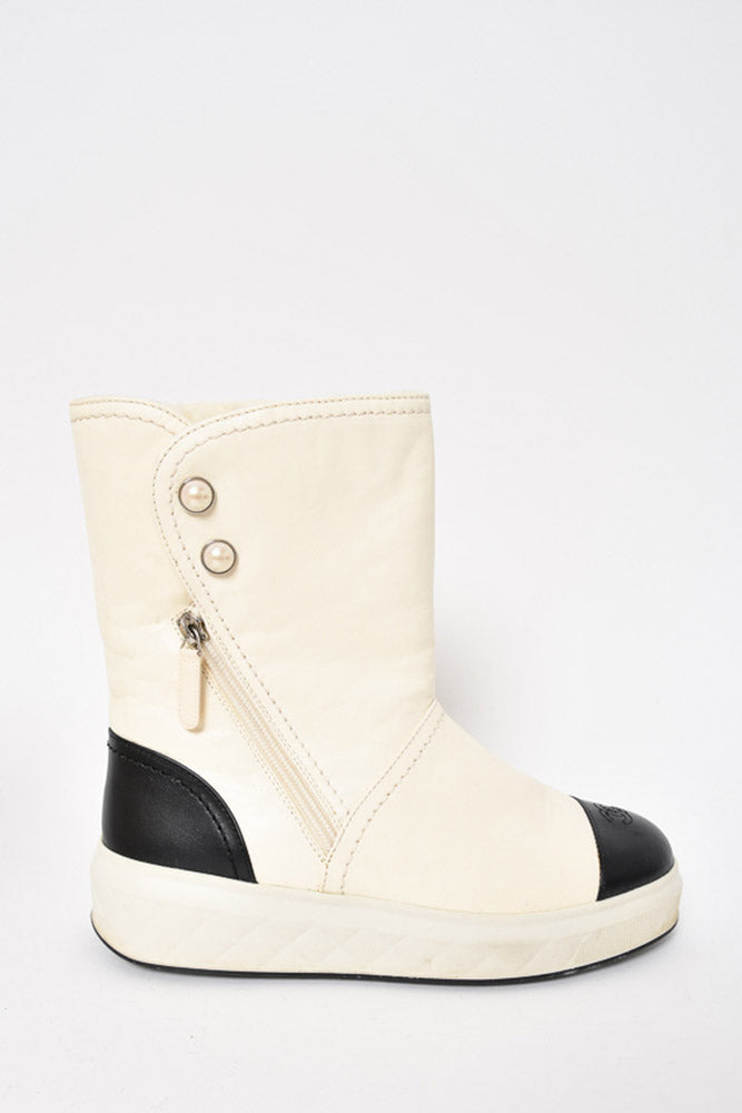 Chanel White Leather Black Cap Toe Ankle Boots with Shearling Lining – Mine  & Yours