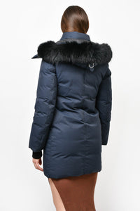 Mackage Navy Blue 'Juana' Down Parka with Black Fur Hood Detail