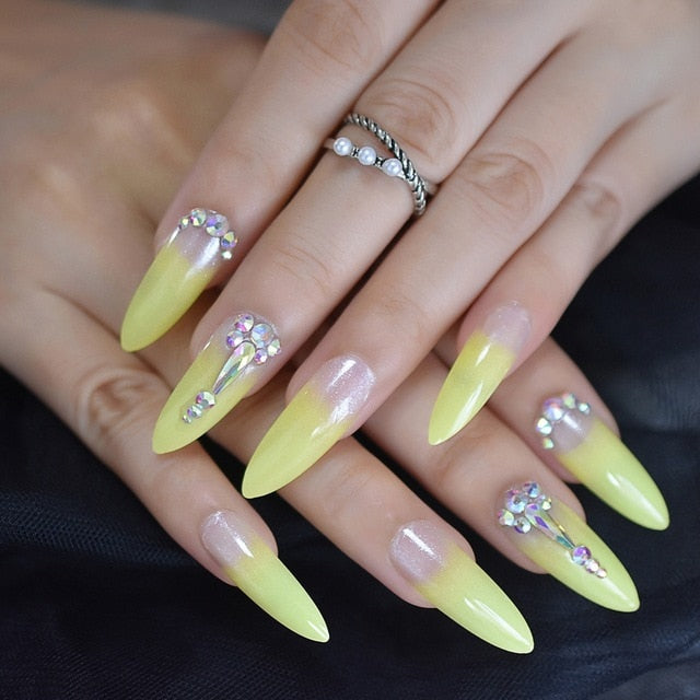 Neon Green Ombre With Crystals And Gems Stiletto Nails Perfect La Nails