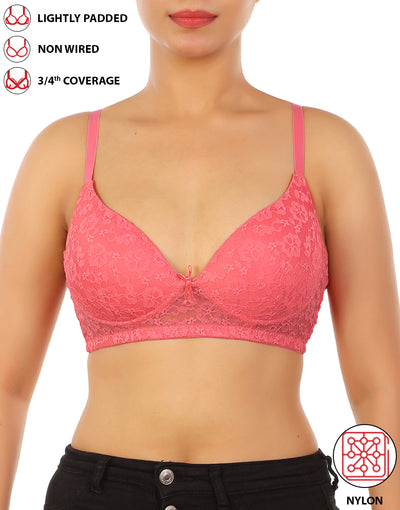 LOSHA LIGHTLY PADDED WIRE-FREE 3/4TH COVERAGE ALL OVER LACE BRA