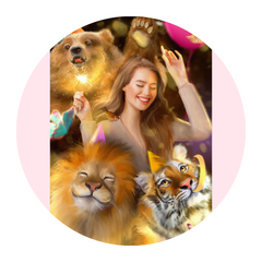 Illustration of a young woman celebrating her birthday surrounded by wild animals