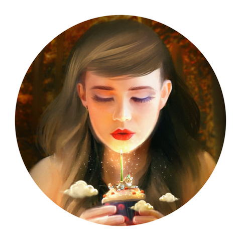 Illustration of a young brunette woman blowing out the candle on a cupcake with a tiger cake on top. 