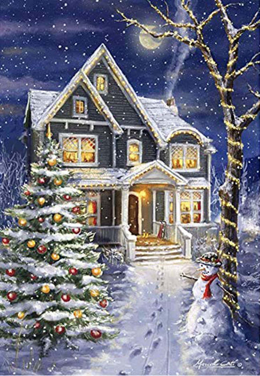 Moonlight Snowman Christmas Tree House 5D Diamond Painting