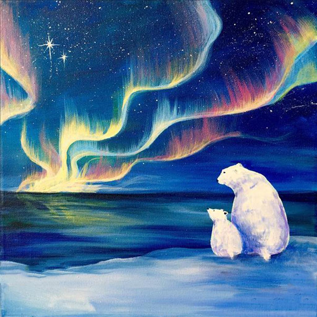 Рисование белый медведь и Северное сияние