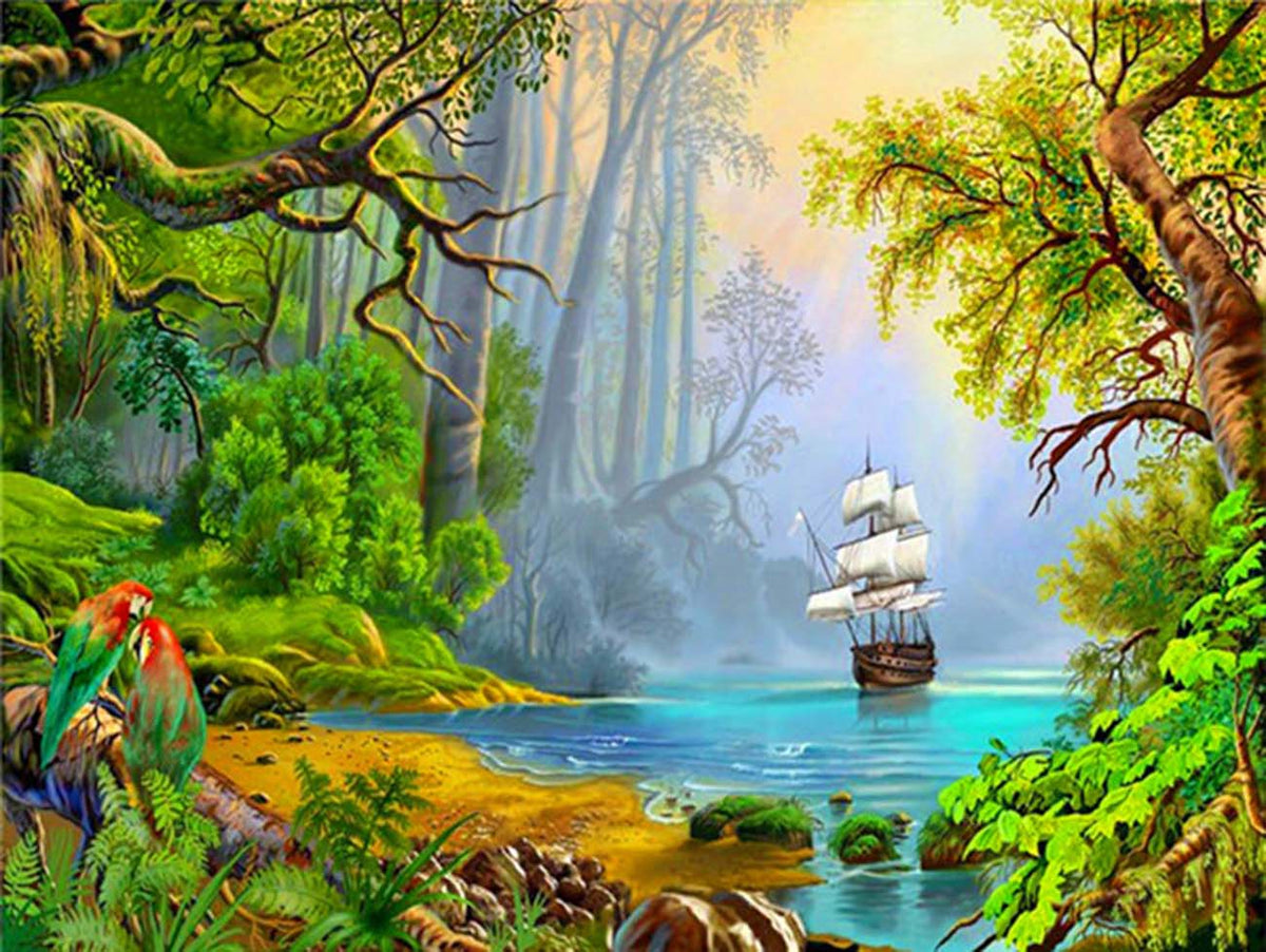 A Boat on a Forest Lake 5D Diamond Painting