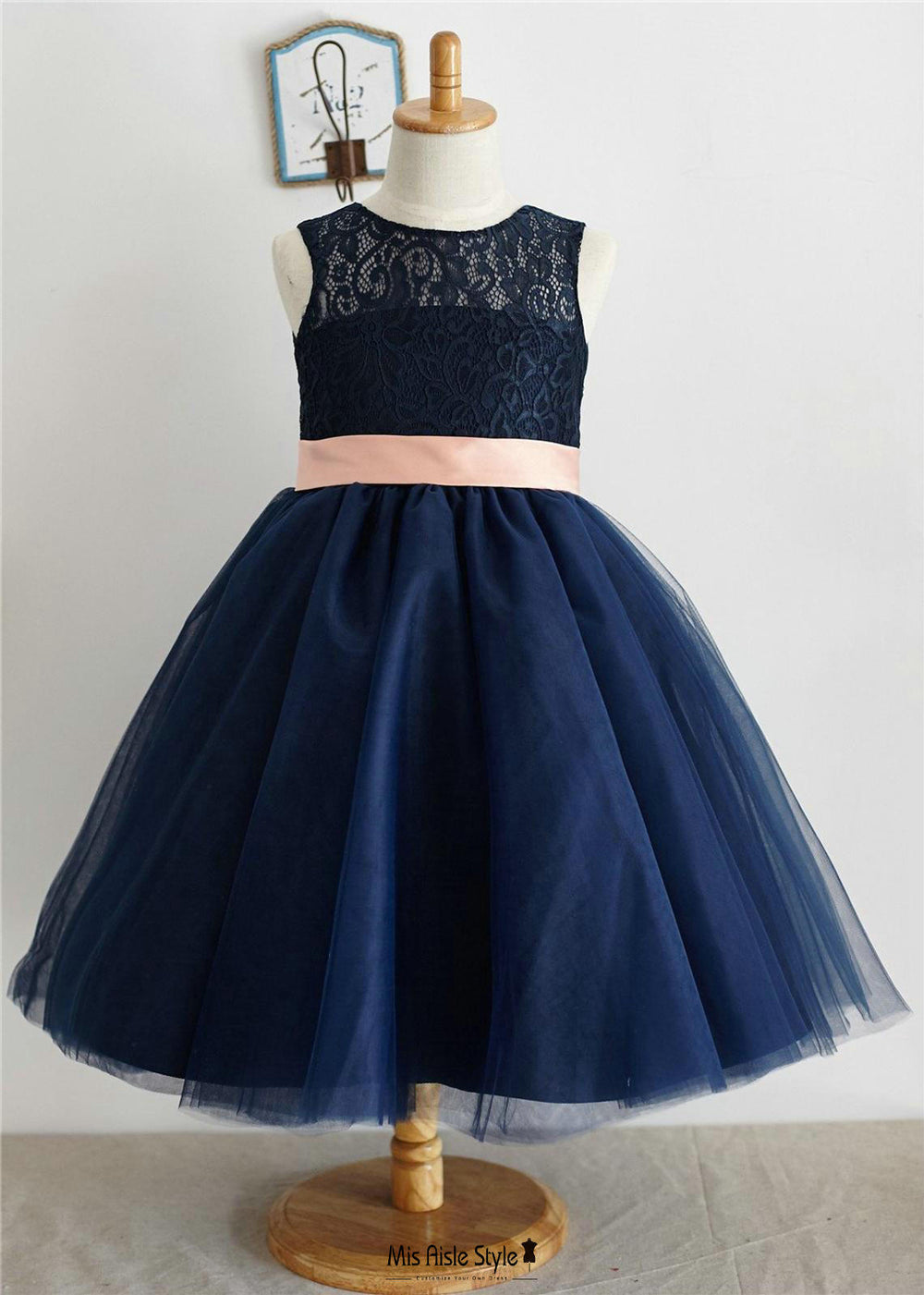 Navy Blue Flower Girl Dress with Pink Bow – misaislestyle