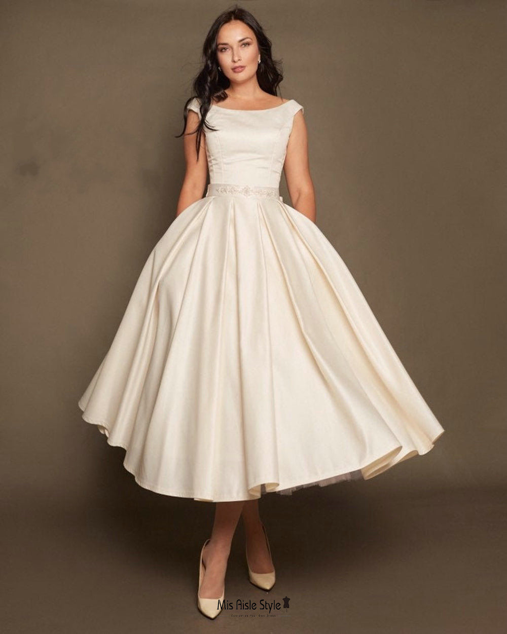 Vintage Round Neckline Tea Length Wedding Dress With Pocket – misaislestyle