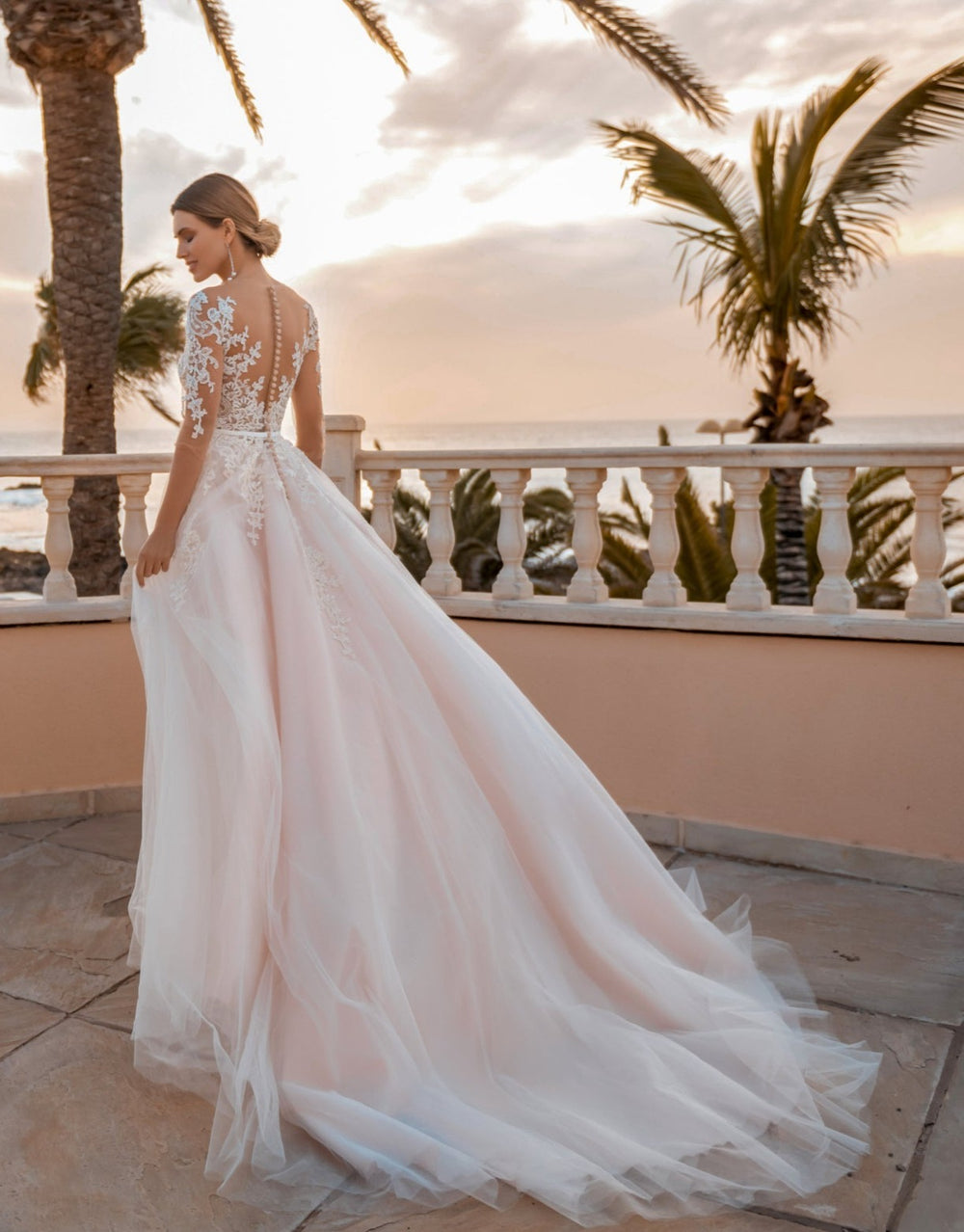 Long Sleeve Sheer Lace Blush Wedding Dress – misaislestyle