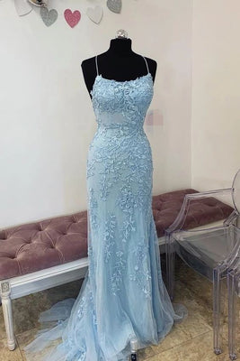Fitted Lace Up Back Light Blue Prom Dress, misaislestyle
