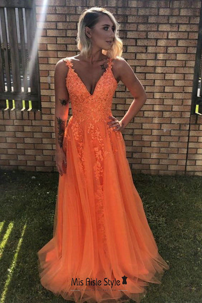 Long A line Orange Prom Dress – misaislestyle