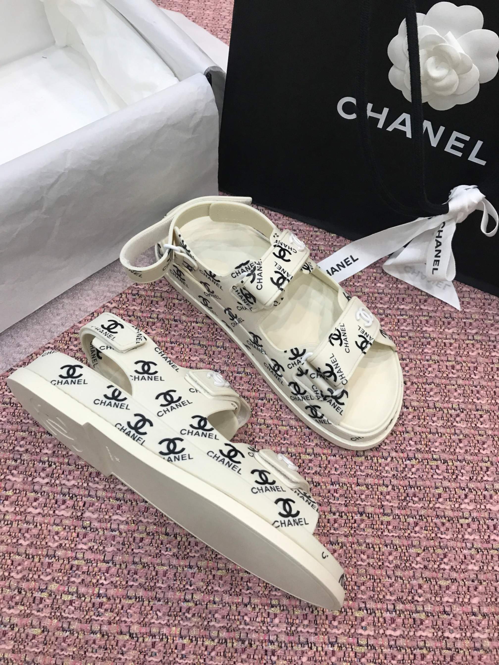 white chanel slippers