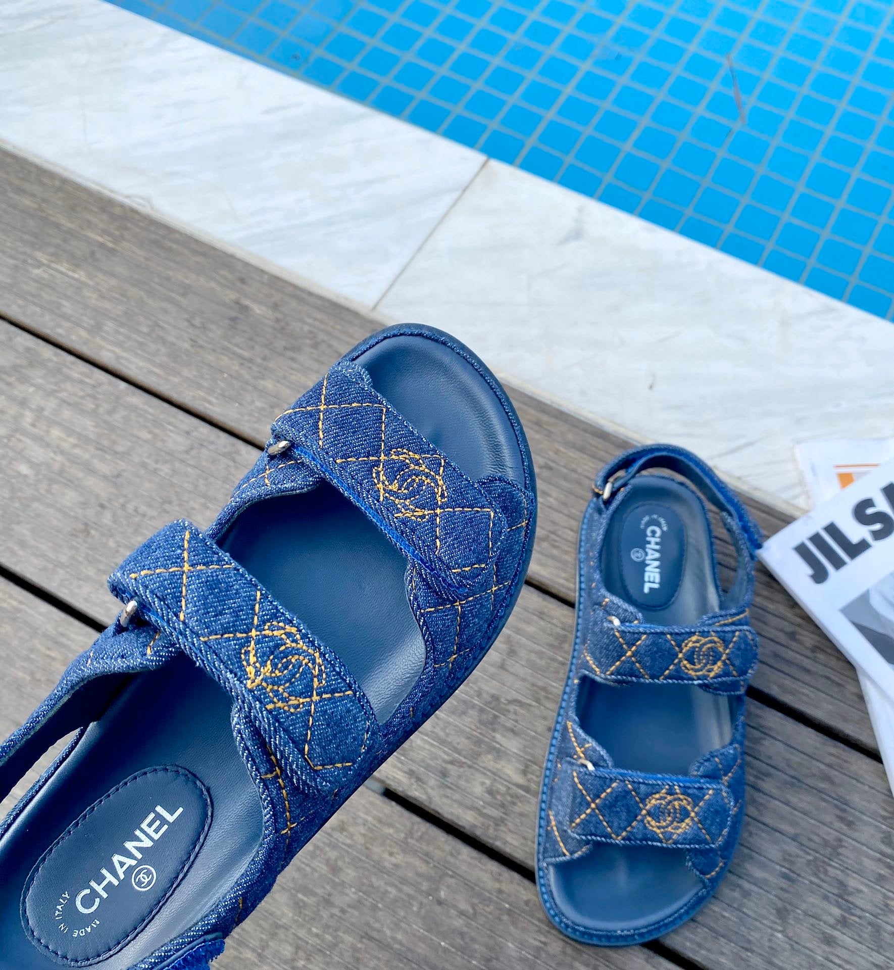 chanel denim flip flops