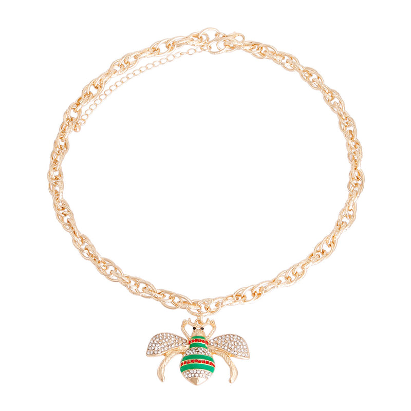 Green Striped Bee Chain Link Necklace