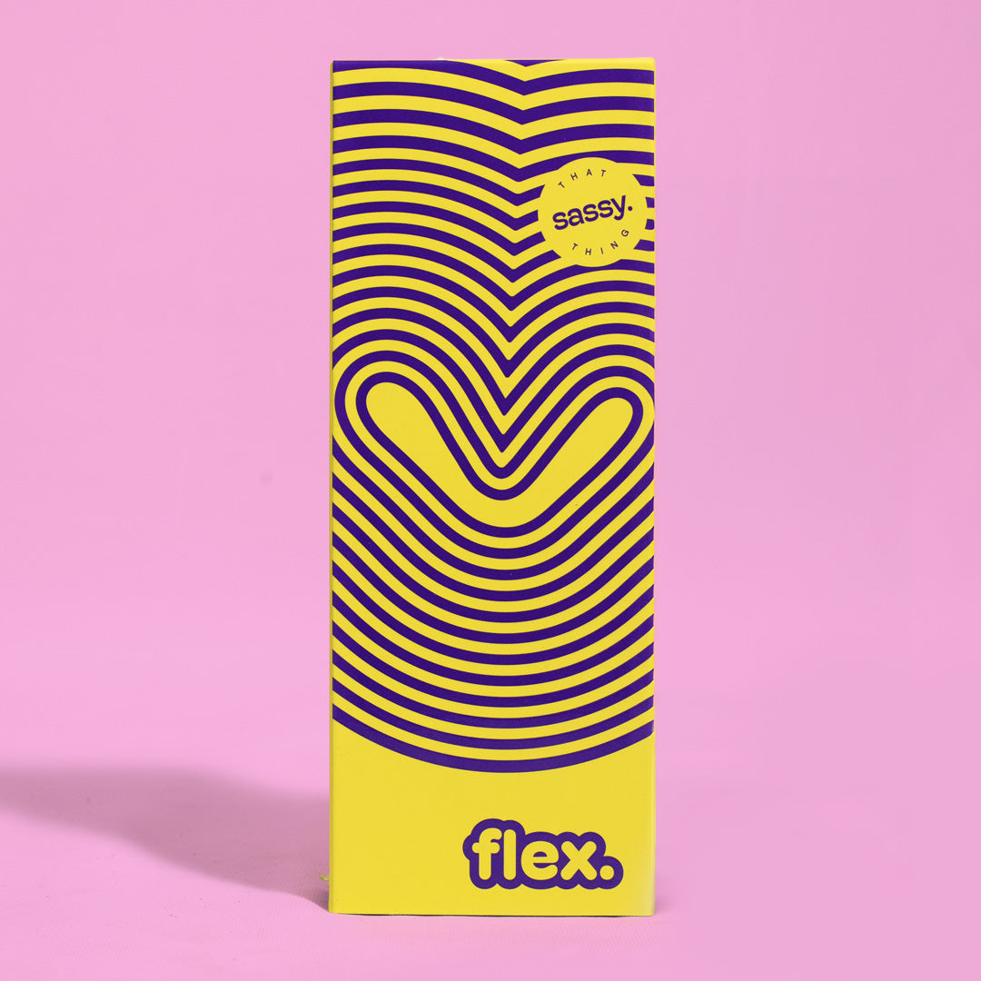Yellow box with purple wavy lines and the word 'flex' on a pink background.