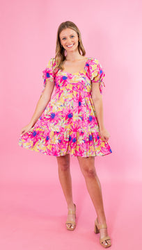 Pink & Mustard Floral Sweetheart Dress