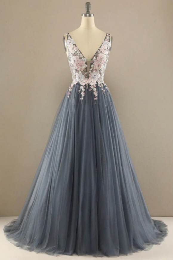 Ball Gown V Neck Dark Blue Tulle Prom Dress with Applique, Puffy Long ...