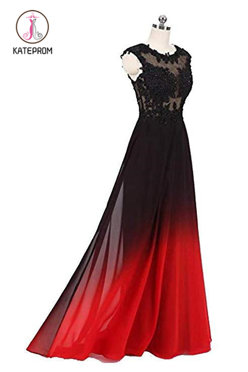 Kateprom Black and Red Sleeveless Ombre Prom Dresses, A Line Lace Appl ...
