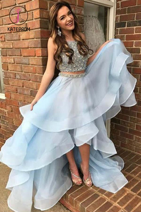 light blue high low prom dress