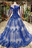 Kateprom Gorgeous Long Sleeve Sheer Neck Tulle Blue Applique Ball Gown Prom Dresses with Beads KPP0957