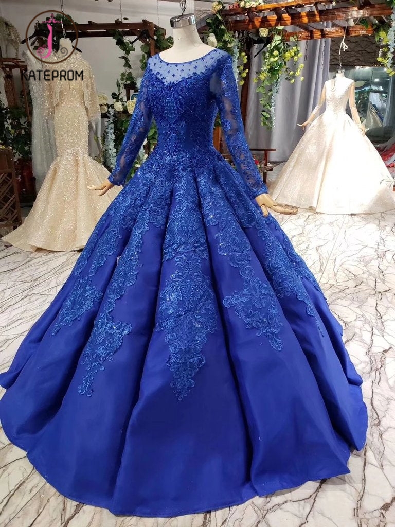 Kateprom Royal Blue Long Sleeves Ball Gown Prom Dresses, Puffy Quincea ...