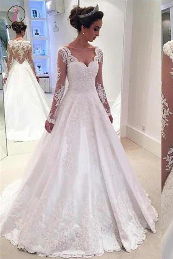 Elegant A-line V Neck Long Sleeves Wedding Dress With Appliques KPW002 ...