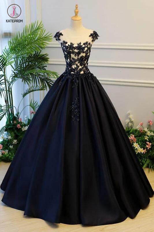 Generous Princess Cap Sleeves Scoop Black Applique Satin Long Prom/Eve ...