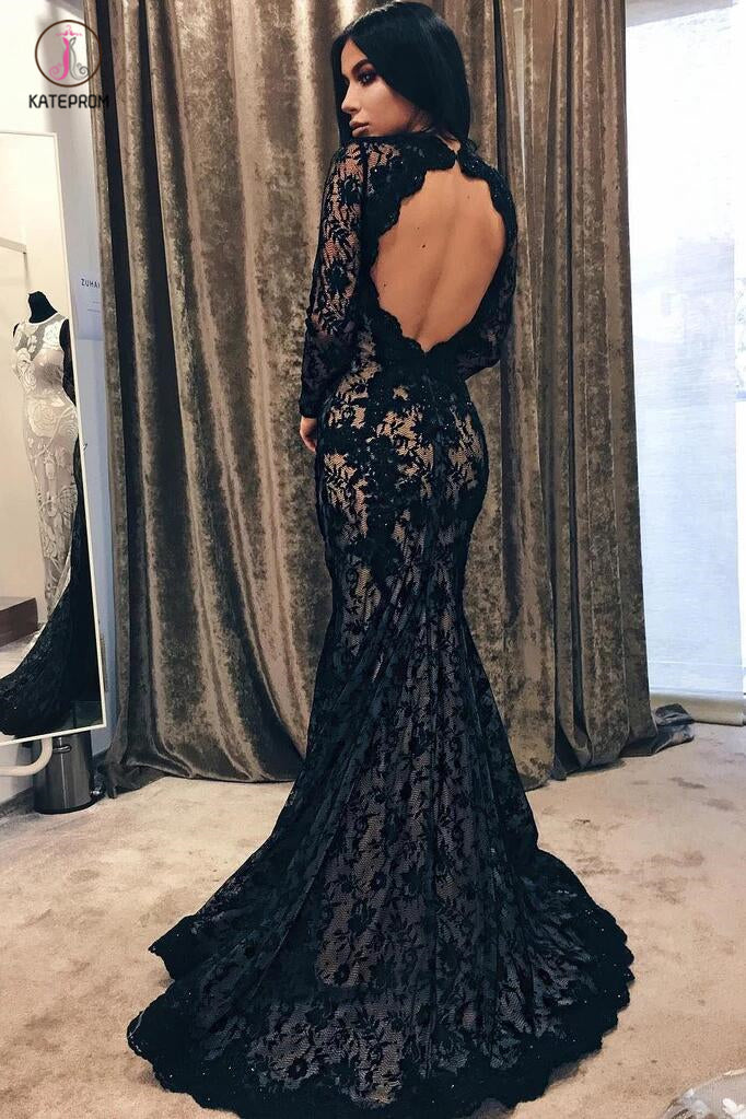 Black Mermaid Jewel Long Sleeve Lace Open Back Evening Dresslong Prom Kateprom 1457