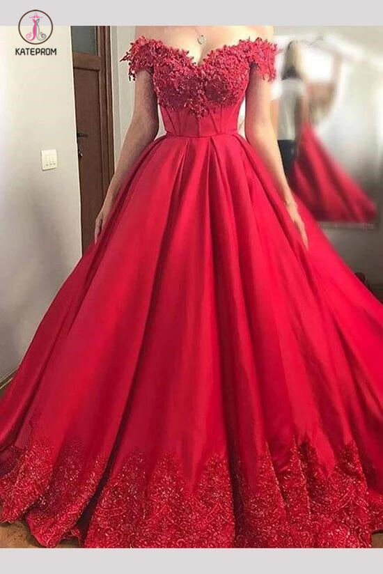 Red Off the Shoulder Long Satin Prom Dress with Lace Appliques,Grad Dr ...