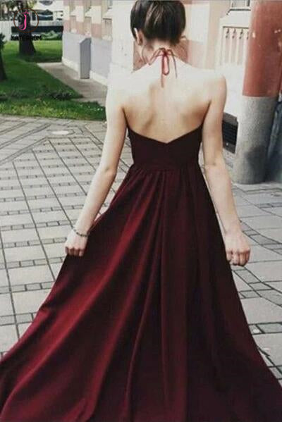 A-line Sexy Halter Sleeveless Dark Red Illusion Bodice Long Prom Dress ...