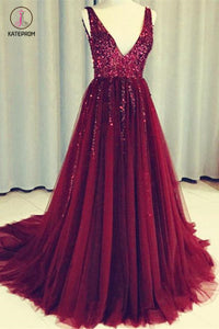 Dark Red V Neck Sleeveless Tulle Prom Dress with Sequins, Long Sequine ...