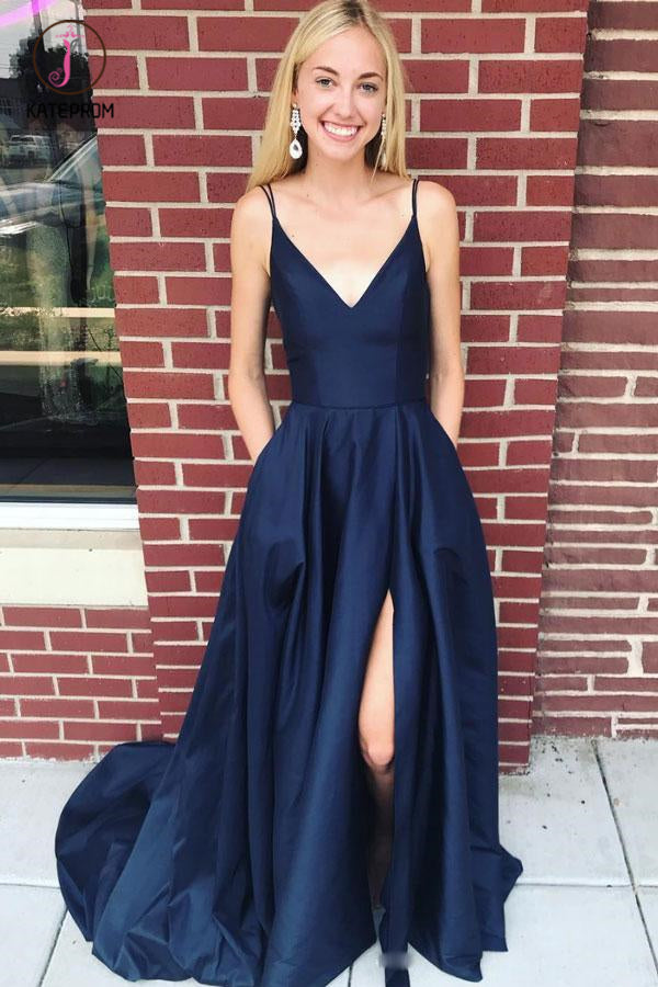 Dark Blue Spaghetti Strap Long Satin Evening Dress, Long Sleeveless Sp