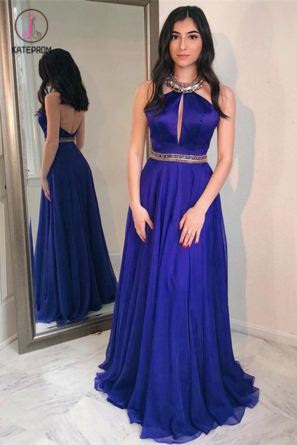 Royal Blue Floor Length Jewel Long Prom Dress with Beads, Sexy Backles ...