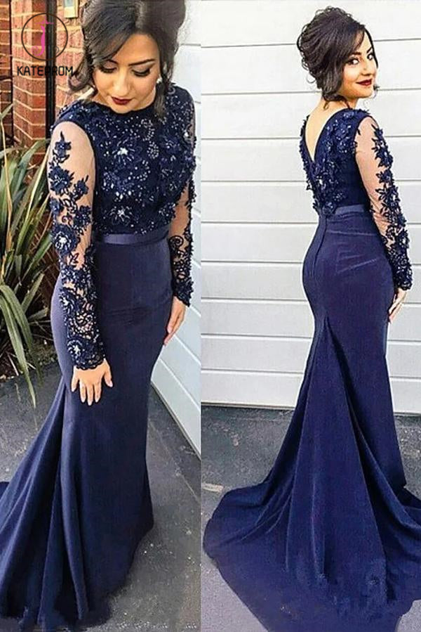 Dark Blue Mermaid Long Sleeve Lace Appliques Prom Dress, Plus Size Lon ...
