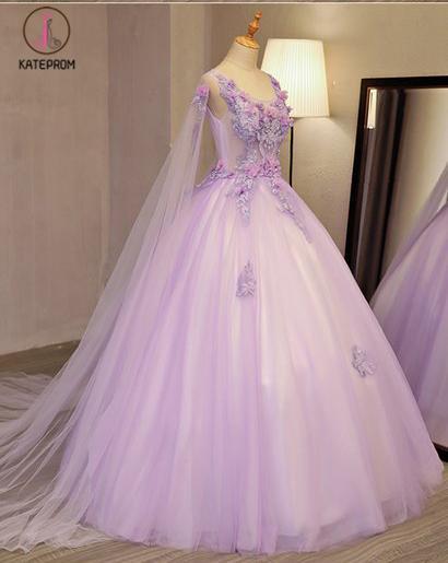 Unique Lilac Tulle Long Ball Gown Evening Dress with Flowers, Puffy Qu ...