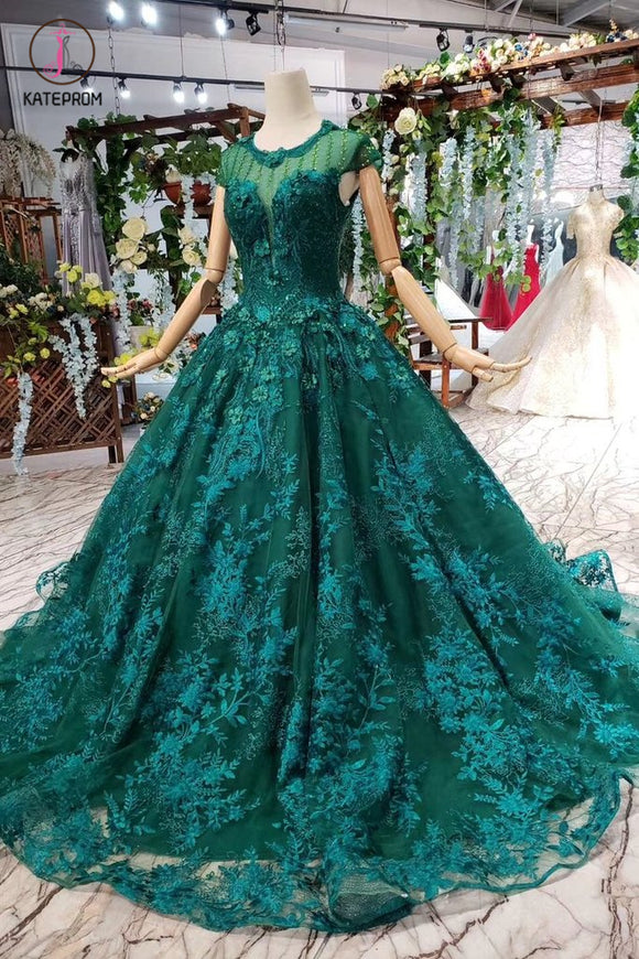 Dark Green Lace Ball Gown Prom Dress With Beads, Quinceanera Dress wit ...